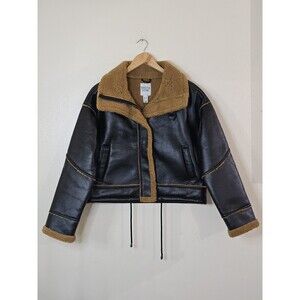 Birch And Stone Black Aviator Jacket Womens Medium Faux Leather Brown Shearling